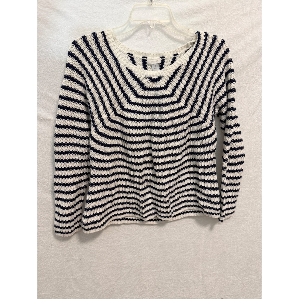Chicos Navy White Striped Cotton Blend Knit Sweater Size 1 Medium Scoop Neck